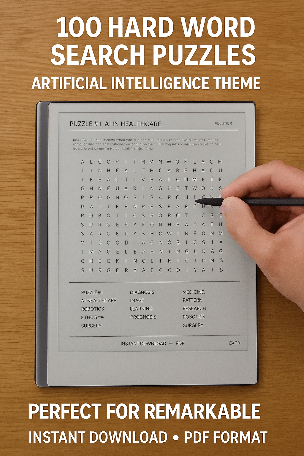 100 Hard Word Search Puzzles – Artificial Intelligence & Future Tech | PDF for e-Ink Tablets