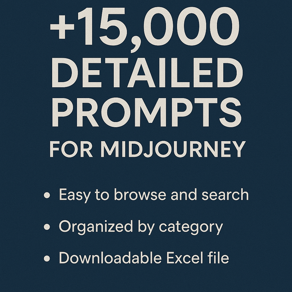 Excel spreadsheet with over 30,000 AI prompts for Midjourney, organized by category, with descriptive titles and detailed visual prompts.