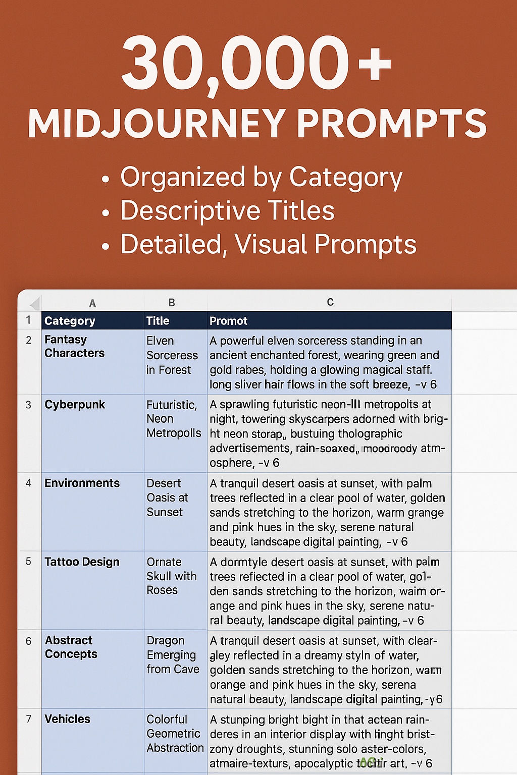 Excel spreadsheet with over 30,000 AI prompts for Midjourney, organized by category, with descriptive titles and detailed visual prompts.
