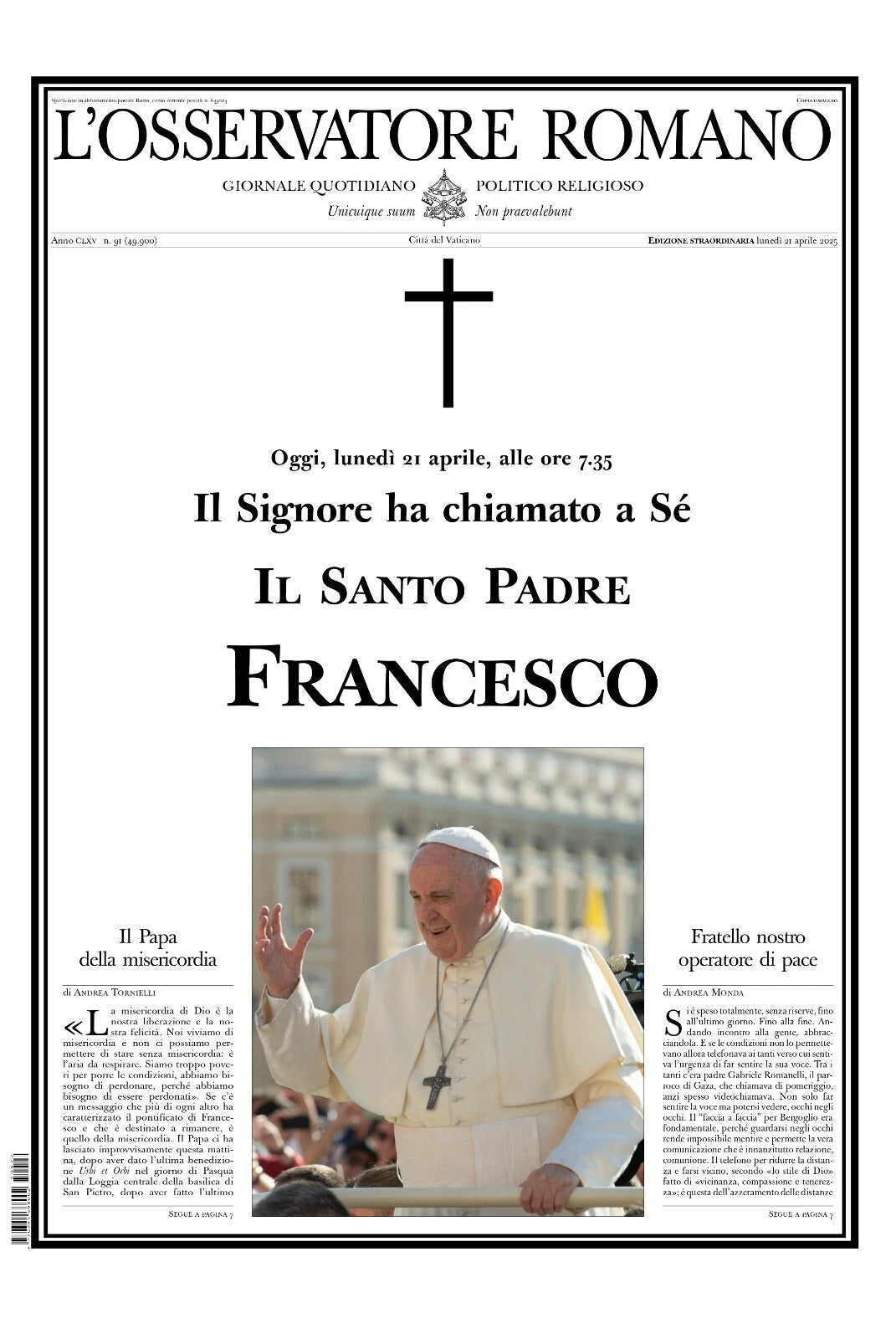 Vaticano PAPA FRANCESCO 21 aprile 2025 ore 7:35 ( L'Osservatore Romano in pdf stampabile)